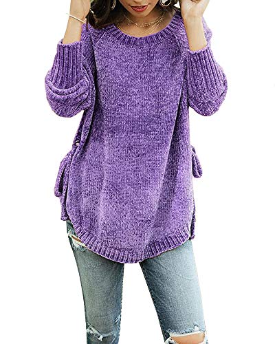 Product Cover Womens Pullover Sweaters Plus Size Cable Knit Crew Neck Long Sleeve Split Side Tie Knot Fall Jumper Tops