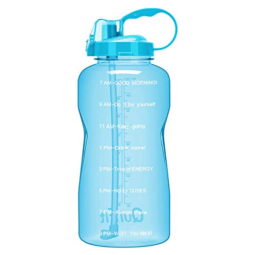 Product Cover QuiFit 1 Gallon Water Bottle with Straw and Time Marker Leak Proof BPA Free Reusable Large Capacity Fitness Sport Water Jug with Handle(Light Blue,1 Gallon)