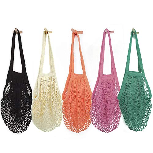 Product Cover Pack of 5 Portable/Reusable/Washable Cotton Mesh String Organic Organizer Shopping Handbag Long Handle Net Tote (Grey Blue/Black/Beige/Pink/Purple)
