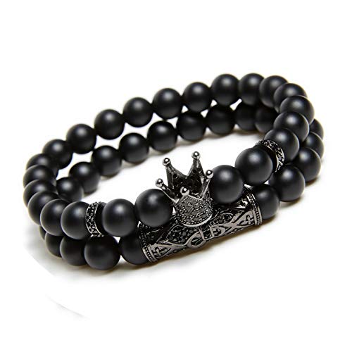 Product Cover KAMRESH 8mm Beads Bracelets Black Matte Onyx Stone Bracelet Sets Charm King Crown for Women Men Jewelry
