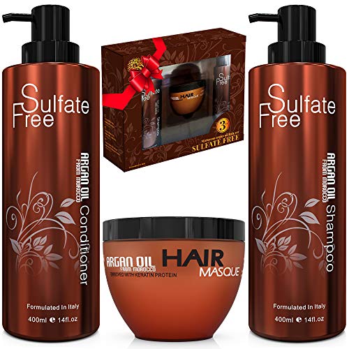 Product Cover Moroccan Argan Oil Shampoo Conditioner and Hair Mask | Sulfate Free Organic Gift Set Best for Damaged, Dry, Curly or Frizzy Hair - Thickening for Fine/Thin Hair Safe for Color and Keratin Treated Hair