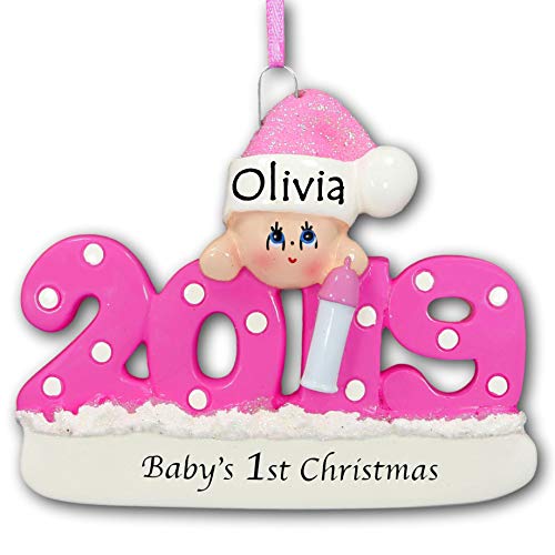 Product Cover 2019 Baby's First Christmas Ornament - Pink Baby Girl with Polka Dots and Glittered Santa Claus Stocking Hat for Baby Girl - Your Choice of Name