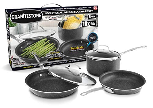 Product Cover GRANITESTONE 2255 5-Piece Nonstick Cookware Set, Scratch-Resistant, Granite-coated Anodized Aluminum, Dishwasher-Safe, PFOA-Free As Seen On TV