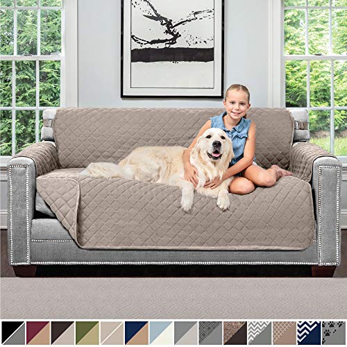 Product Cover Sofa Shield Original Patent Pending Reversible Small Sofa Protector for Seat Width up to 62 Inch, Furniture Slipcover, 2 Inch Strap, Couch Slip Cover Throw for Pet Dogs, Cats, Sofa, Light Taupe