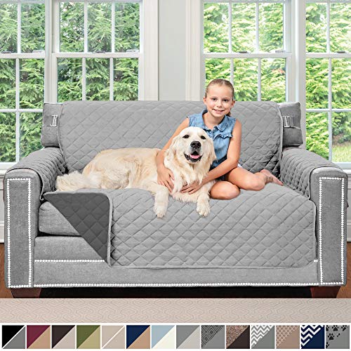 Product Cover Sofa Shield Original Patent Pending Reversible Loveseat Protector for Seat Width up to 54 Inch, Furniture Slipcover, 2 Inch Strap, Couch Slip Cover Throw for Pets, Dogs, Love Seat, Light Gray Charcoal