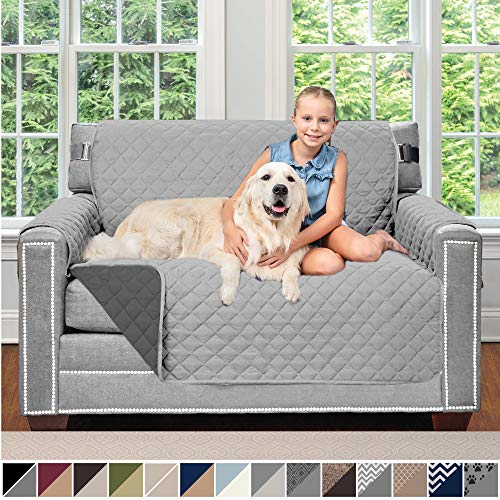 Product Cover Sofa Shield Original Patent Pending Reversible Chair Protector for Seat Width up to 48 Inch, Furniture Slipcover, 2 Inch Strap, Chairs Slip Cover Throw for Pets, Cats, Armchair, Light Gray Charcoal