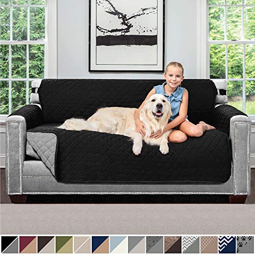 Product Cover Sofa Shield Original Patent Pending Reversible Small Sofa Protector for Seat Width up to 62 Inch, Furniture Slipcover, 2 Inch Strap, Couch Slip Cover Throw for Pets, Kids, Cats, Sofa, Black Gray