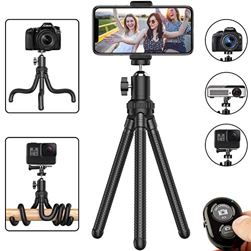 Product Cover Phone Tripod, Flexible Cell Phone Tripod Adjustable Camera Stand Holder with Wireless Remote and Universal Clip 360° Rotating Mini Tripod Stand for iPhone, Samsung Android Phone, Sports Camera GoPro