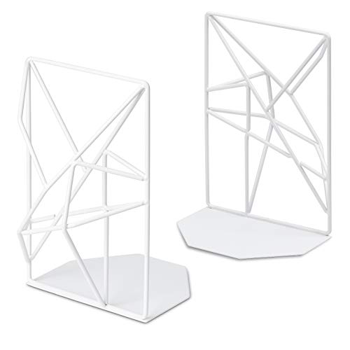 Product Cover SRIWATANA Bookends White, Decorative Metal Book Ends Supports for Shelves, Unique Geometric Design(1 Pair/2 Pieces)