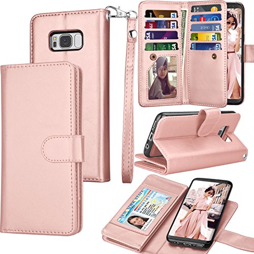 Product Cover Tekcoo for Galaxy S8 Case/Galaxy S8 Wallet Case, Luxury ID Cash Credit Card Slots Holder Purse Carrying PU Leather Folio Flip Cover [Detachable Magnetic Case] & Kickstand for Samsung S8 - Rose Gold