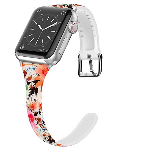 Product Cover Lwsengme Compatible for Apple Watch Band 38MM 40MM 42MM 44MM, Silicone Slim Women iWatch Bands Wristband Compatible for Apple Watch Series 4 3 2 1 (Flower, 38MM/40MM)
