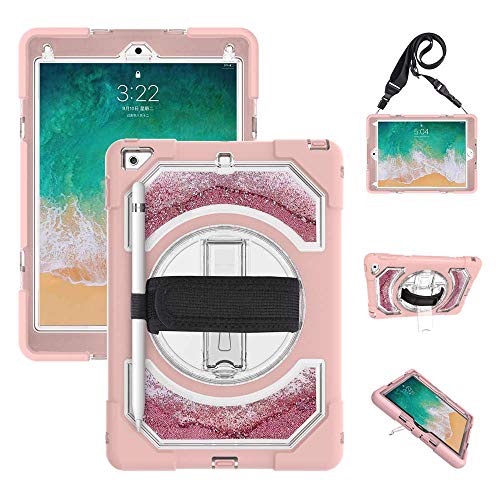 Product Cover iPad 6th Generation Case Glitter Quicksand, iPad 9.7 Case with Pencil Holder, 360 Degree Stand, Adjustable Strap for iPad 6th Generation 9.7 Inches(Quicksand Pink)