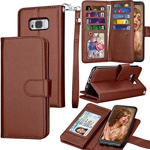 Product Cover Tekcoo for Galaxy S8 Case/Galaxy S8 Wallet Case, Luxury ID Cash Credit Card Slots Holder Purse Carrying PU Leather Folio Flip Cover [Detachable Magnetic Case] & Kickstand for Samsung S8 - Brown