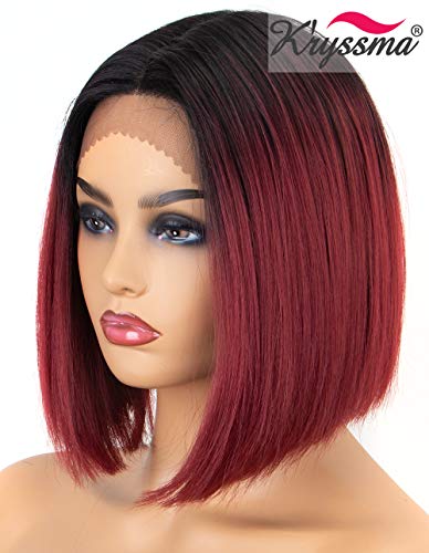 Product Cover K'ryssma Ombre Burgundy Lace Front Wigs Short Bob Synthetic Wig Black Roots to Wine Red Ombre Lace Front Wig with Deep Middle Parting Heat Resistant