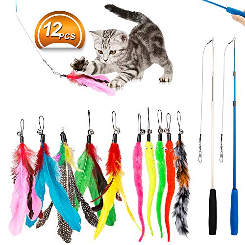 Product Cover JIARON Feather Teaser Cat Toy, 2PCS Retractable Cat Wand Toys and 10PCS Replacement Teaser with Bell Refills, Interactive Catcher Teaser and Funny Exercise for Kitten or Cats.