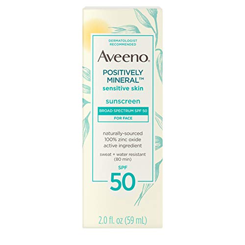 Product Cover Aveeno Positively Mineral Sensitive Skin Daily Sunscreen Lotion for Face, Broad Spectrum SPF 50 with 100% Zinc Oxide, Lightweight & Non-Comedogenic Sheer Facial Sunscreen, Travel-Size, 2 fl. oz