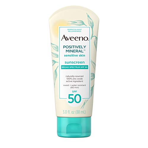 Product Cover Aveeno Positively Mineral Sensitive Skin Daily Sunscreen Lotion with SPF 50 & 100% Zinc Oxide, Non-Greasy, Sweat- & Water-Resistant Sheer Sunscreen for Face & Body, TSA-Friendly Travel-Size, 3 fl. oz