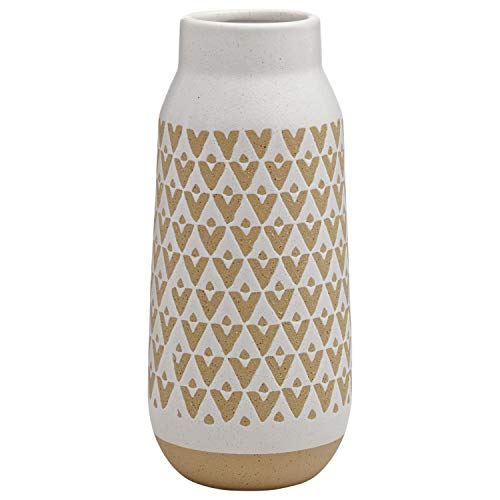 Product Cover Stone & Beam Emerick Rustic Tall Stoneware Decor Vase with Geometric Pattern - 12 Inch, Brown and White