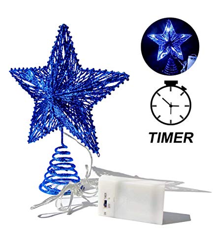 Product Cover CN CRAFTS 3D Christmas Tree Topper Star, Hollowed-Out Glittered Metal Treetop Star with Timer Cool White LED 10-Lights (Three Functions), 8.5 X 10.5 Inch (Blue)