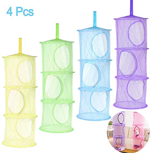 Product Cover 4Pcs Hanging Mesh Space Saver Bags Organizer, Hatisan Foldable 3 Compartments Toy Storage Basket for Travel, Kids Room, Bathroom and Balcony - Portable & Practical(Assorted Colors)