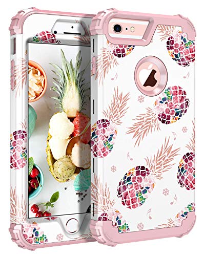 Product Cover Pandawell Compatible iPhone 6s Plus Case 6 Plus Case Floral 3 in 1 Heavy Duty Hybrid Armor High Impact Shockproof Protective Cover Case for Apple iPhone 6 Plus/6s Plus, Pineapple/Rose Gold