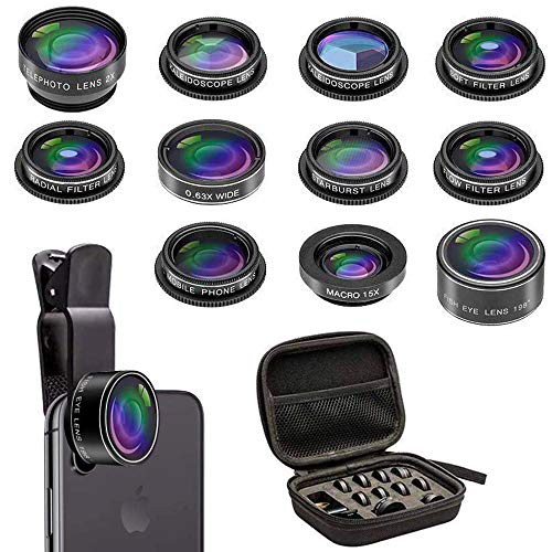 Product Cover Phone Camera Lens Kit, 11 in 1 Cellphone Lens Kit for iPhone and Android, 0.63X Wide Angle+15X Macro+ 198°Fisheye+Telephoto+CPL/Flow/Radial/Star/Soft Filter+Kaleidoscope Lens