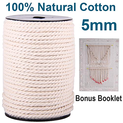 Product Cover XKDOUS Macrame Cord 5mm x 100Yards, Natural Cotton Macrame Cotton Cord, 3 Strand Twisted Macrame Rope for Wall Hanging, Plant Hangers, Macrame Supplies, Crafts, Pet Toys, Soft Undyed Craft Cord