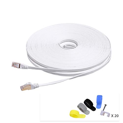 Product Cover CableGeeker Cat7 Shielded Ethernet Cable 150ft (Highest Speed Cable) Flat Ethernet Patch Cable Support Cat5/Cat6 Network,600Mhz,10Gbps - White Computer Cord + Free Clips and Straps for Router Xbox