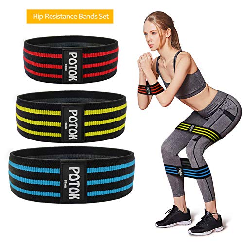 Product Cover Potok Hip Resistance Bands, Hip Loop Bands for Legs and Butt Workout -Set of 3 Fabric Non Slip Glute Elastic Exercise Band for Warm-Up and Squat - Weight Lifting, Stretching, Pilates, Yoga