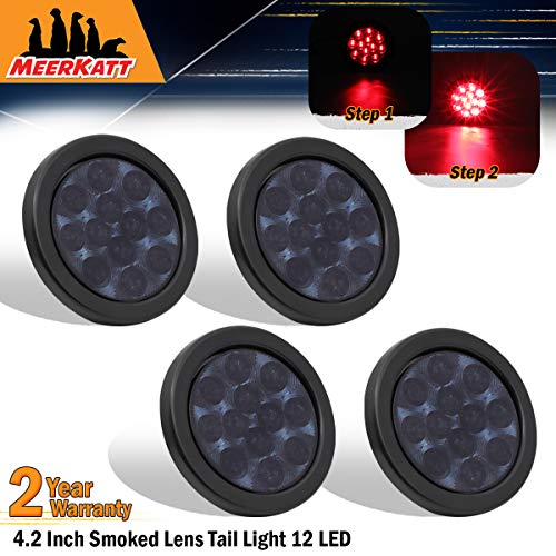 Product Cover Meerkatt (Pack of 4) 4 Inch Smoked Lens Red LED Round Side Marker 12 Diodes Brake Stop Tail Light w/Plug & Rubber Surface Mount for Truck Trailer RV UTE UTV Tow ATV Bus Jeep Van 12v DC Universal GA12