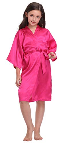 Product Cover Flower Girl Satin Kimono Robes Pure Color Bathrobes for Spa Wedding Birthday Party,Hot Pink,8