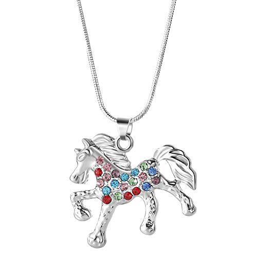 Product Cover Nimteve Girls Necklaces Silver Tone Multicolored Crystals Horse Pendant Pony Mustang Charm Necklace for Little Girls 18 Inches
