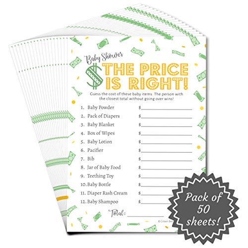 Product Cover Price Is Right Baby Shower Game - Fun Baby Shower Game - Coed Baby Shower Game for Boys, Girls, or Gender Neutral - Green and Gold - Set of 50 Baby Shower Games