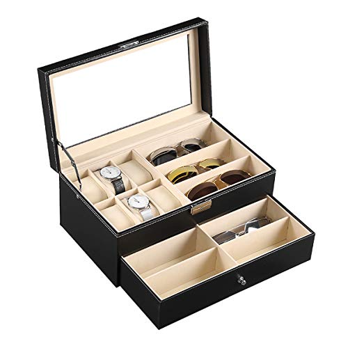 Product Cover AUTOARK Leather 6 Watch Box Jewelry Case and 9 Piece Eyeglasses Storage and Sunglass Glasses Display Drawer Lockable Case Organizer,Black,AW-048