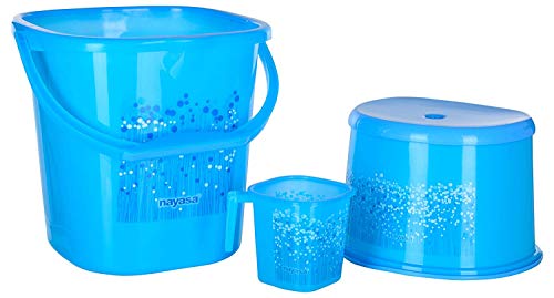 Product Cover Nayasa Super Plastic Square Deluxe Bathroom Bucket with Matching Mug and Matching Patla, Set of 3 (25 Liters, Blue, 3-Pieces)
