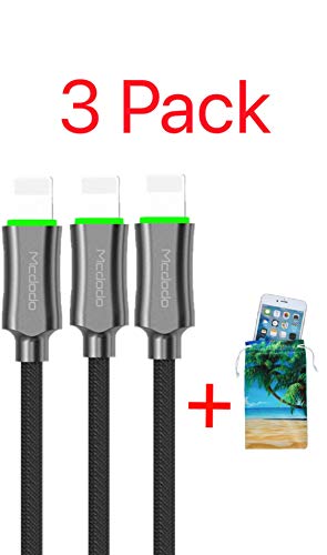 Product Cover (3 Pack + iPhone Bag) Upgraded Power Off Smart LED Auto Disconnect Nylon Braided Sync Charge USB Data 6FT/1.8M Cable Compatible iPhone/iPad Pro/Air,iPad Mini,iPod (Black 3 Pack, 6FT)