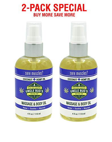 Product Cover Uncle Bud's 2-Pack Special - Massage Oil Coconut Hemp - for Relaxing Massage,Body oil,Moisturizing Skin and Sore Muscle Relief