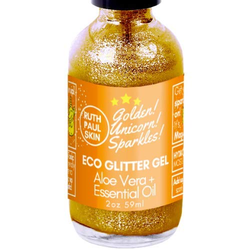 Product Cover Eco Body Glitter Gel. Body Shimmer Make Up Face Eyes Hair. Glitter Face Mask. Moisturizing Organic Aloe Vera Gel in Essential Oils. Teens, Tweens, Adults. Gold Unicorn Sparkles by Ruth Paul Skin 2oz