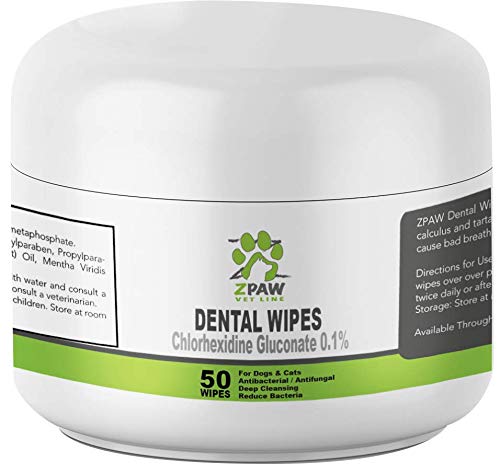 Product Cover ZPAW Dental Wipes for Dogs and Cats | Pads with Chlorhexidine and Sodium Hexametaphosphate Helps Remove Plaque Tartar Buildup Calculus and Bad Breath, Preventing Tooth Decay and Gingivitis (50 Wipes)