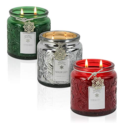 Product Cover Dynamic Collections Snowflake Embossed Jar Candle - 3 Pack - Scented 2-Wick Candle Gift Set with Lids in Red, Green and Silver