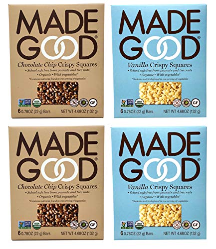 Product Cover Made Good Organic Crispy Squares Variety Pack of 4 - Vanilla and Chocolate Chip Crispy Squares - Tree-Nut and Peanut-Free, Gluten-Free, Vegan, Kosher (12 Squares Per Flavor)