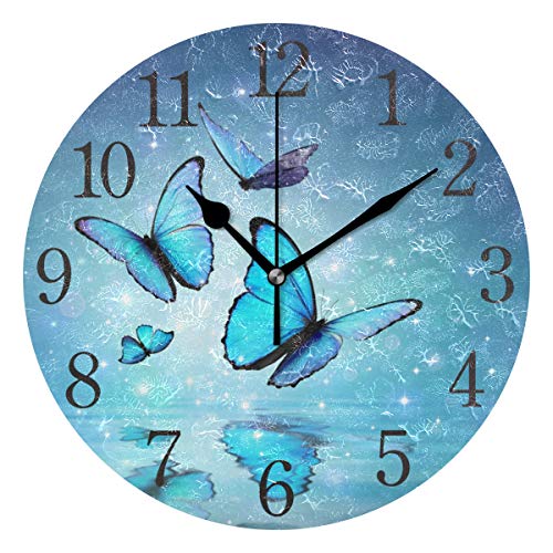 Product Cover Blue Butterfly Wall Clock Silent Non Ticking Operated Round Easy to Read Home Office School Clock
