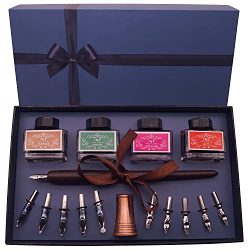 Product Cover Plotube Calligraphy Pen Set - Includes Wooden Dip Pen, Antique Holder, 11 Nibs, 4 Ink Bottle