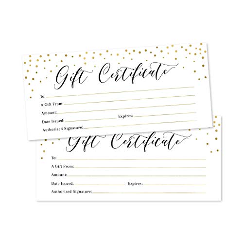 Product Cover 25 4x9 Gold Blank Gift Certificate Cards Vouchers for Holiday, Christmas, Birthday Holder, Small Business, Restaurant, Spa Beauty Makeup Hair Salon, Wedding Bridal, Baby Shower Cash Money Printable
