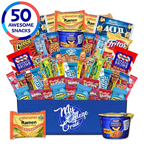 Product Cover My  College  Crate   Microwave  Snack Care Package -  50 Piece  Bulk Variety Pack Box for Adults  and  Kids  with Ramen  Mix ,  Popcorn, Mac n Cheese, Assorted Chips, Granola Bars and Candy