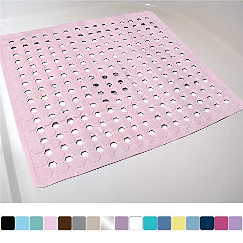 Product Cover Gorilla Grip Original Patented Bath, Shower, and Tub Mat, 21x21, Machine Washable, Antibacterial, BPA, Latex, Phthalate Free, Square Bathroom Mats with Drain Holes, Suction Cups, Pink Opaque