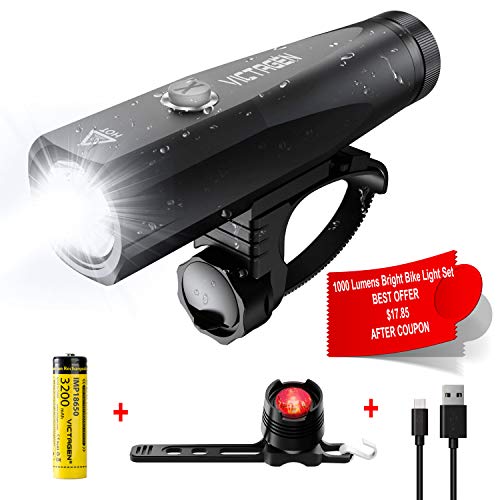 Product Cover victagen USB Rechargeable Bike Light Set, Free Taillight, 1000 Lumens of Power, IP65 Waterproof, Bicycle Headlight; Easy to Install, Cycling Commuting Safety Flashlight