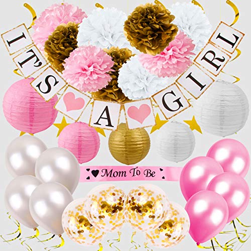 Product Cover Premium Girl Baby Shower Decorations for Girl Set. Quick & Easy to Set up. Perfect for Baby Shower Favors, Gifts, Games I Balloons, Paper Lanterns, Paper Flower Pom Poms, Its a Girl Banner. Sash.
