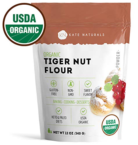 Product Cover Organic Tiger Nut Flour - Kate Naturals. Perfect for Cookies, Baking. Sweet Flavor, Smooth Texture. Gluten-Free & Non-GMO. Large Resealable Bag. Paleo Friendly. 1-Year Guarantee (12oz)