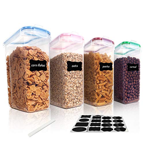 Product Cover Vtopmart Cereal Storage Container Set, BPA Free Plastic Airtight Food Storage Containers 135.2oz for Cereal, Snacks and Sugar, 4 Piece Set Cereal Dispensers with 24 Chalkboard Labels